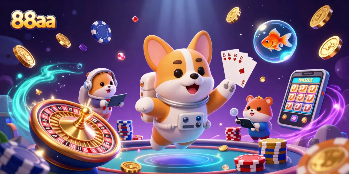 Engage in thrilling action with 88aa's vibrant casino scene full of animated characters and floating chips.
