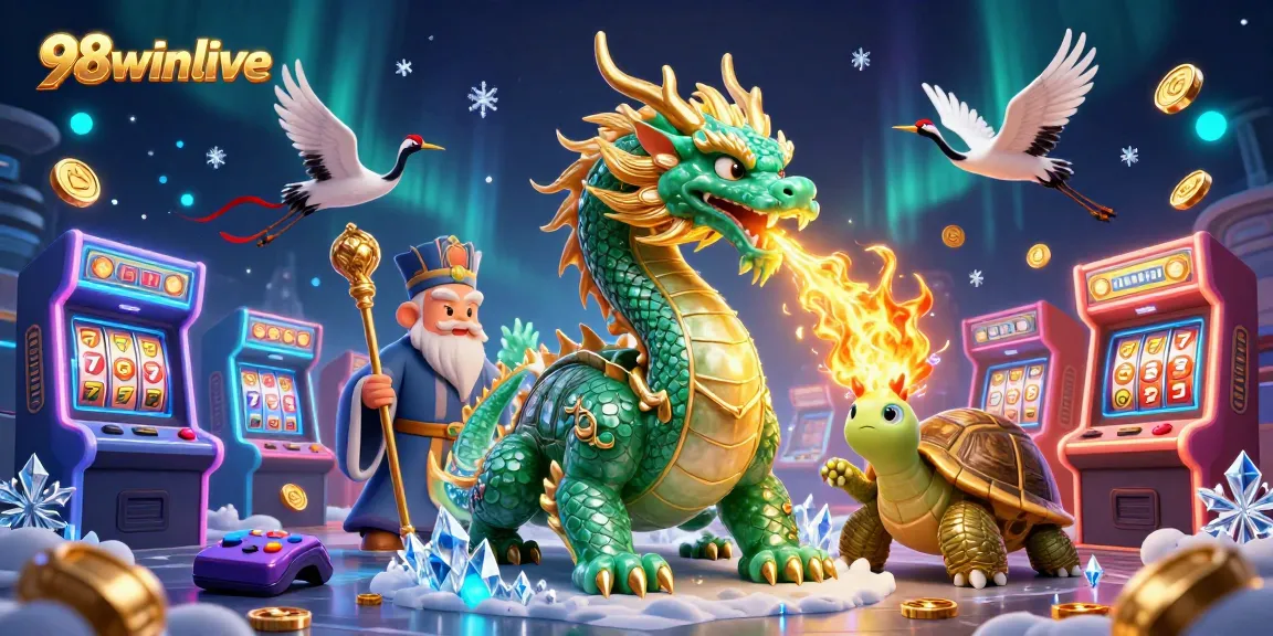 Experience thrilling gameplay at 98winlive with an emerald dragon and vibrant casino elements.