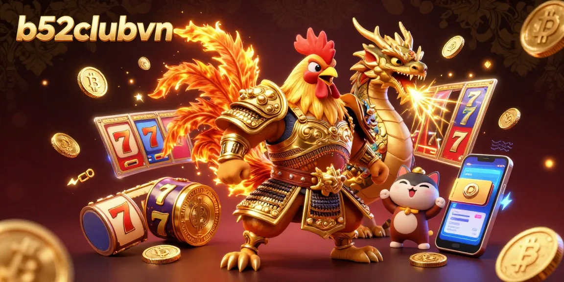 Experience thrilling wins at b52clubvn with this vibrant illustration of a gaming adventure featuring a rooster warrior and dragon.