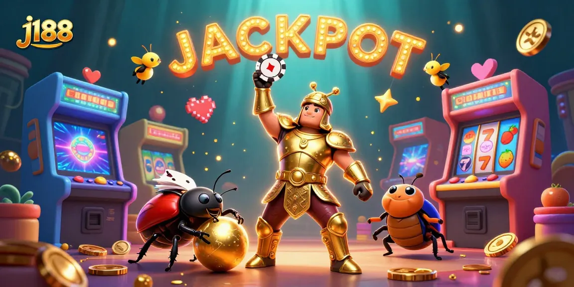 Experience the j188 jackpot with a vibrant scene featuring a heroic beetle and casino elements.