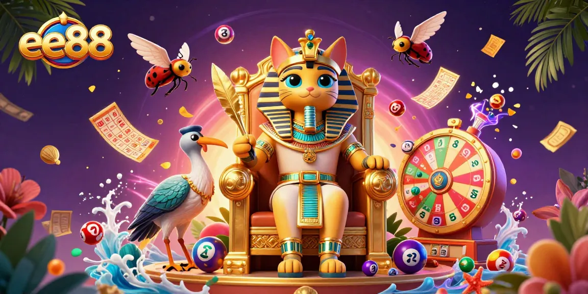 Engage in excitement with ee88 as a pharaoh cat rules a colorful lottery scene