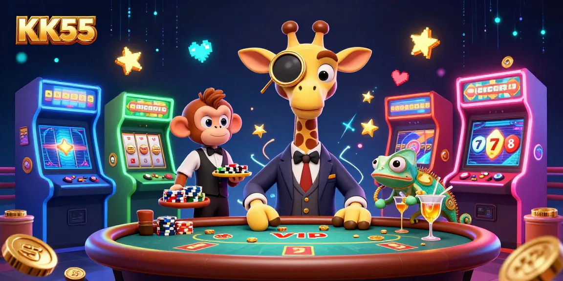 Spin to win at KK55 with a high-roller giraffe, monkey valet, and chameleon bartender in an exciting casino scene.